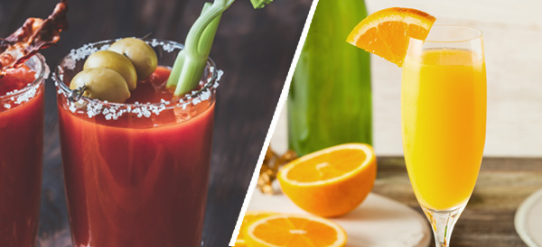Image panel with bloody mary drinks on the left and mimosas on the right